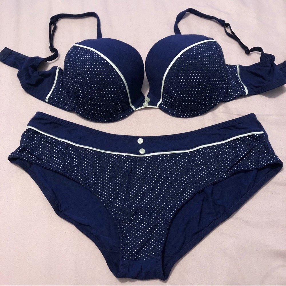 F&F Bra & Underwear Set Padded Underwire Bra Navy Blue White Polks Dots